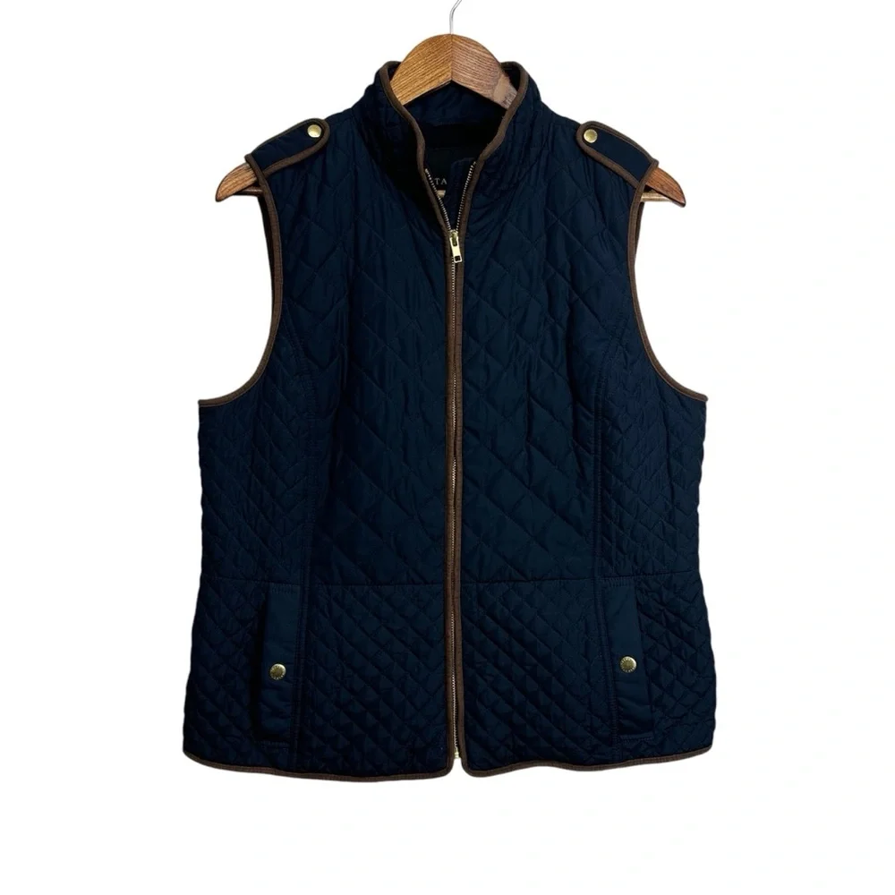 Talbots Dark Navy Quilted Vest w/Gold Accents‎ Zip Front Size Large